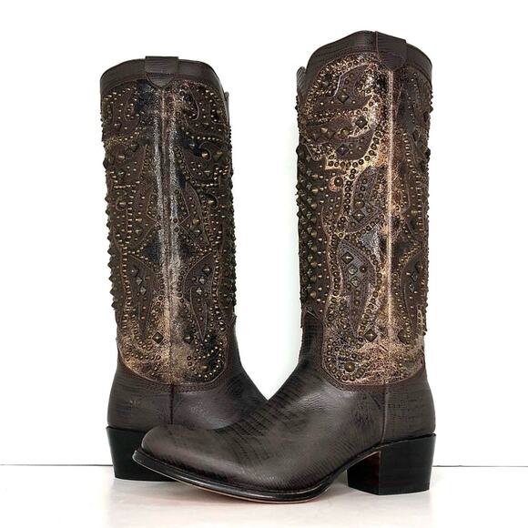 Frye Deborah Deco Tall Studded Crackle Leather Western Boots Women’s 6.5 Shoes - Picture 1 of 12